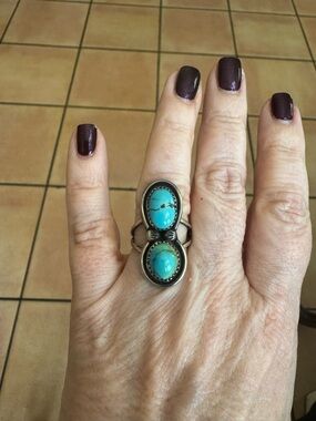 Vintage Turquoise 2 Stone Ring - Native American - Unmarked Sterling Silver